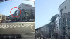부산서 건물 5층 벽 뚫고 공중으로 날아가 도로에 추락한 택시 (영상)
